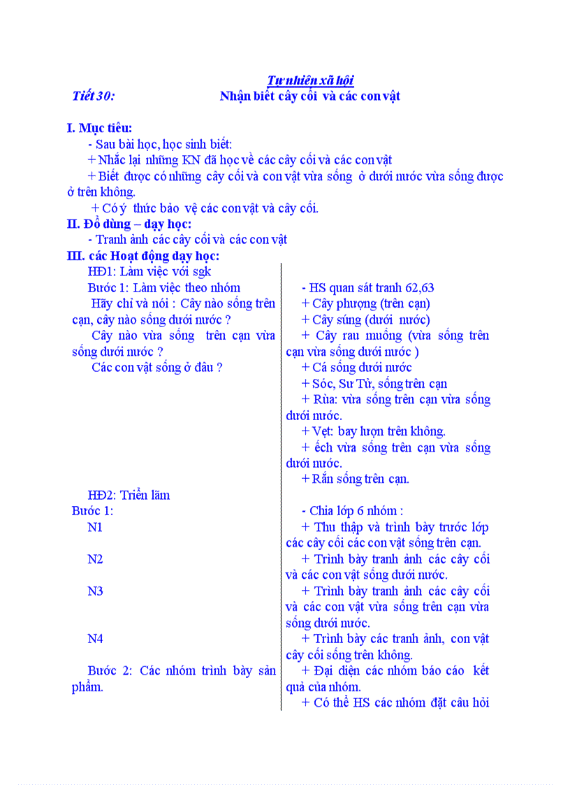 Tự nhiên xã hội Nhận biết cây cối và các con vật