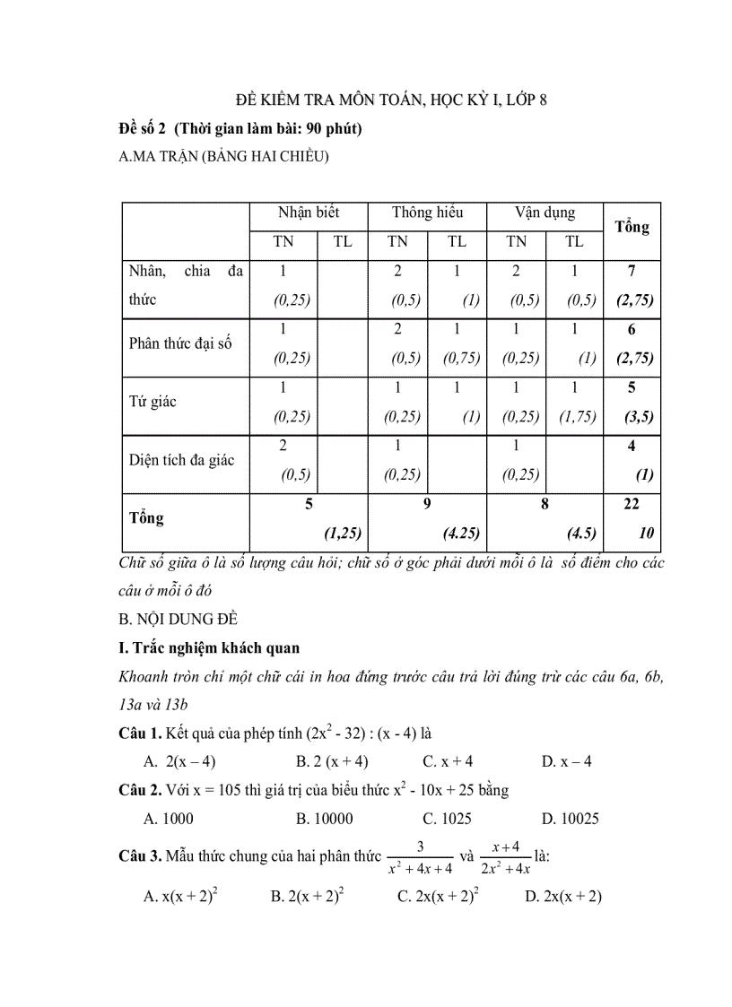 Bộ đề tham khảo kiểm tra học kỳ toán lớp 8 đề 6