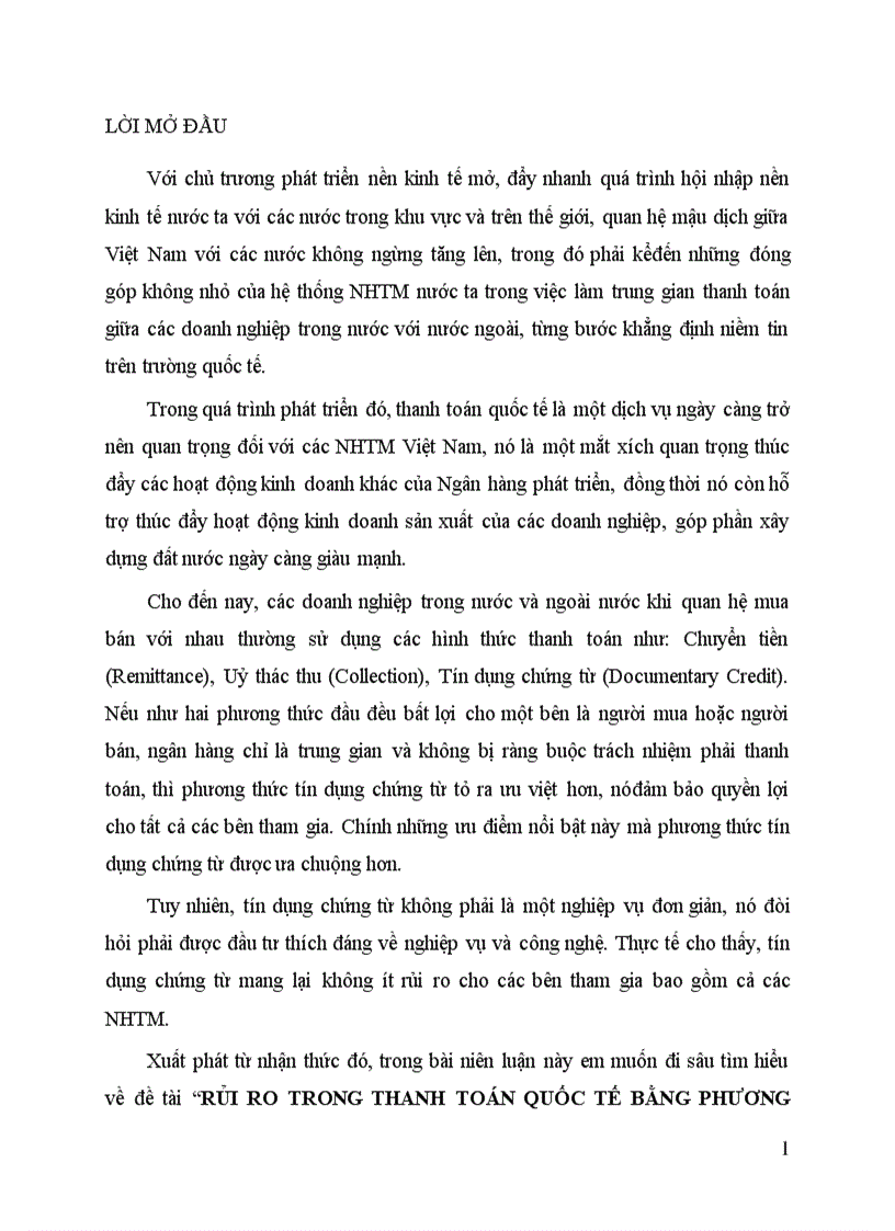 Rủi ro trong thanh toán quốc tế bằng phương pháp tín dụng chứng từ của ngân hàng thương mại việt nam