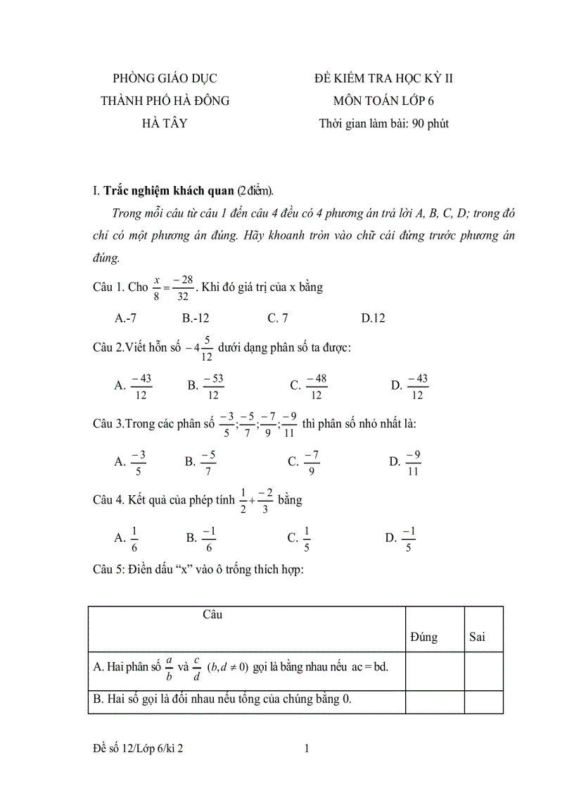 Bộ đề kiểm tra học kỳ toán lớp 6 đề 5