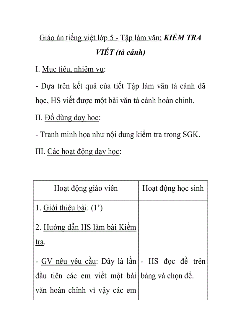 Giáo án tiếng việt lớp 5 Tập làm văn KIỂM TRA VIẾT tả cảnh