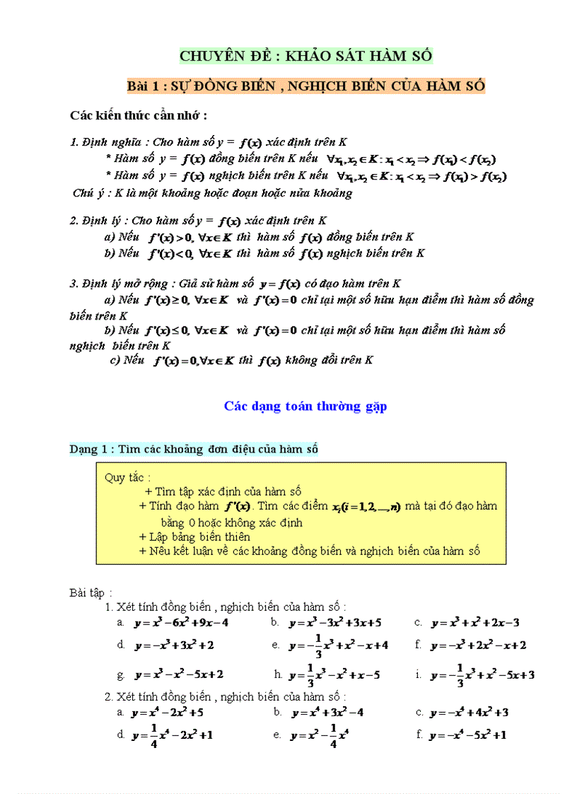 CHUYÊN ĐỀ KHẢO SÁT HÀM SỐ Bài 1 SỰ ĐỒNG BIẾN NGHỊCH BIẾN CỦA HÀM SỐ