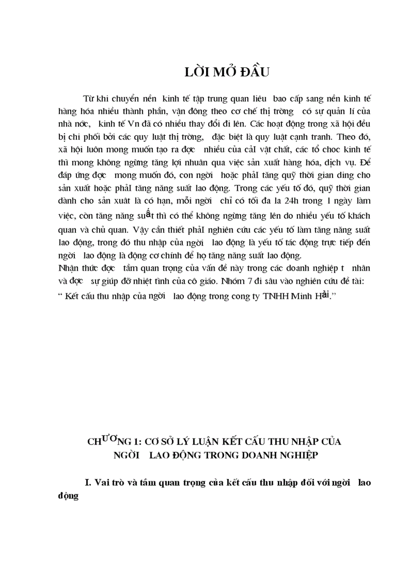 Bài Thảo Luận Quản trị nhân lực KẾT CẤU THU NHẬP CỦA NGƯỜI LAO ĐỘNG TRONG CÔNG TY TNHH MINH HẢI