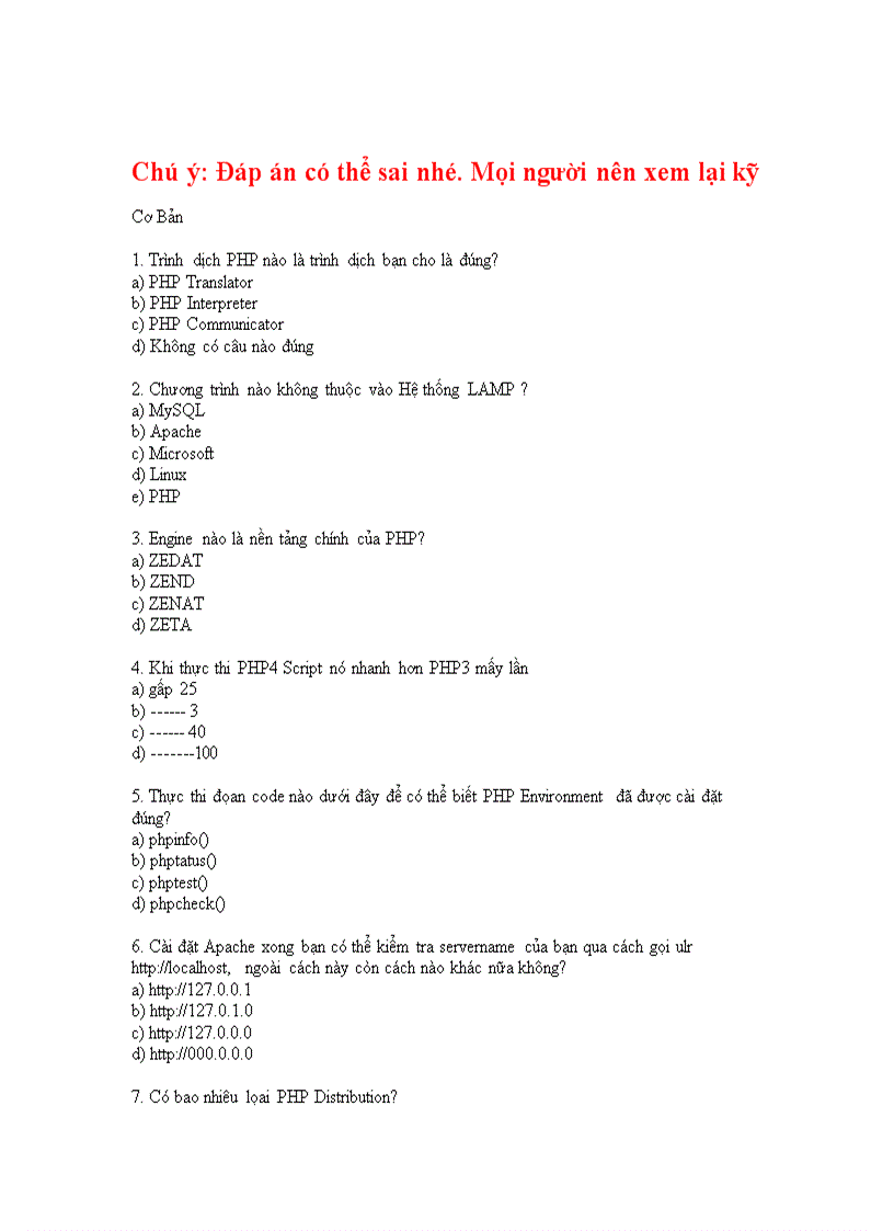 Tập hợp một số câu hỏi trắc nghiệm php MySQL căn bản