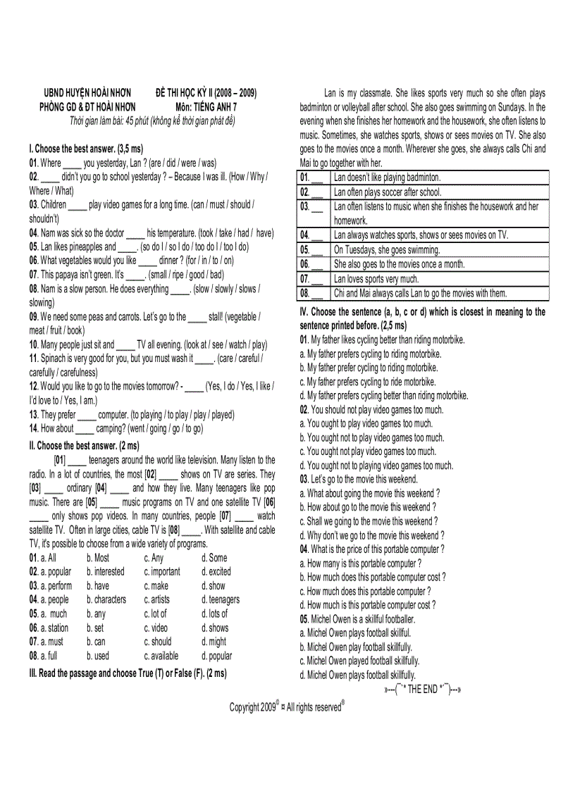 Đề Thi Học Kỳ II English 7 Phòng GD ĐT Hoài Nhơn 08 09