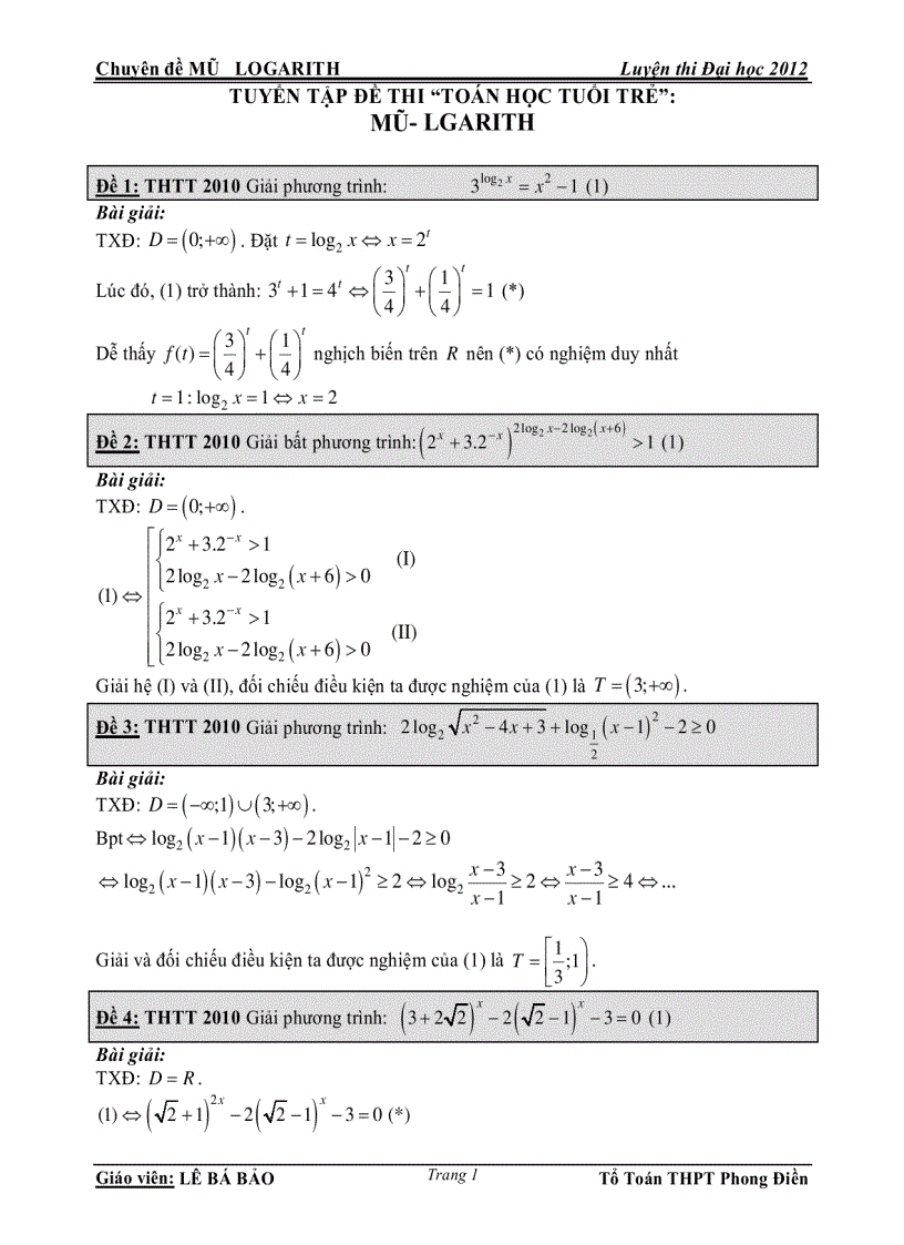 Tuyển tập đề thi toán học tuổi trẻ Mũ lgarith