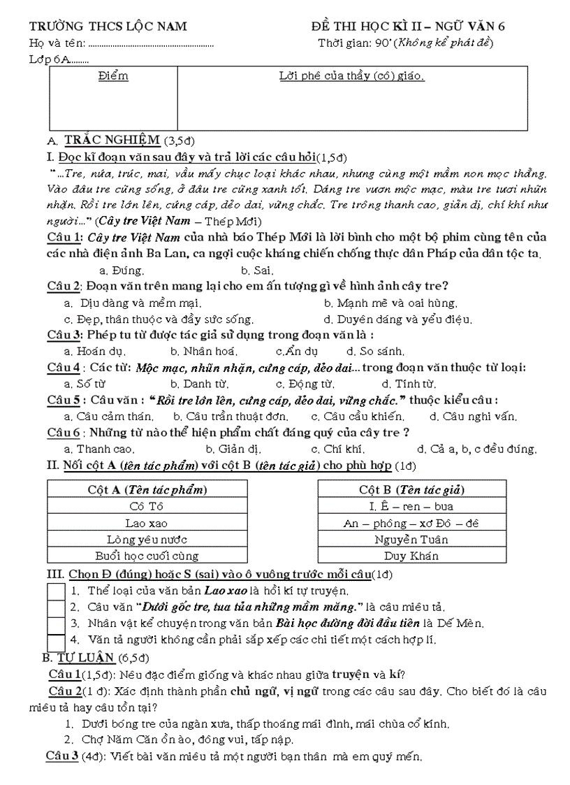 Kiểm tra Ngữ văn 6 HK II