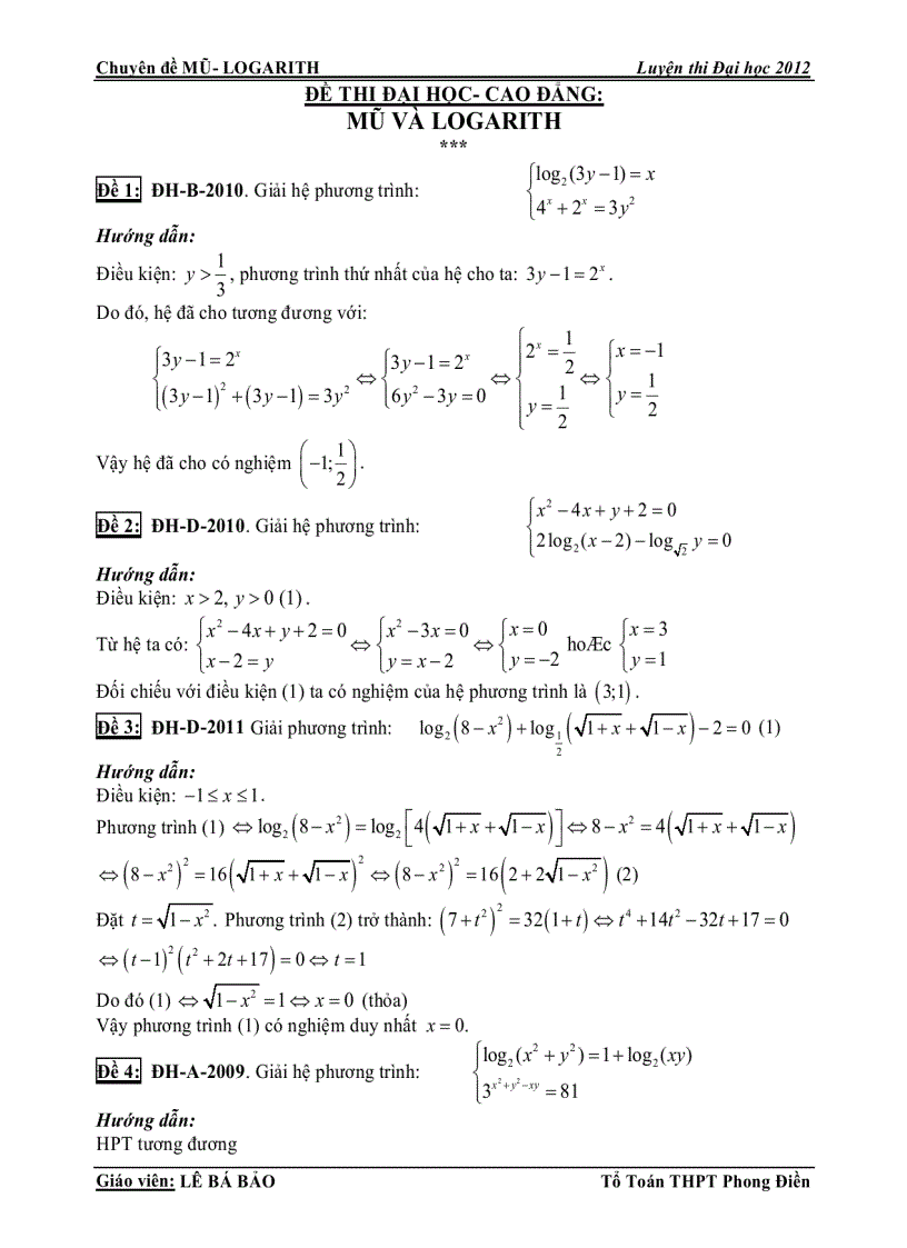 Chuyên đề MŨ LOGARITH Luyện thi Đại học 201 ĐỀ THI ĐẠI HỌC CAO ĐẲNG MŨ VÀ LOGARITH