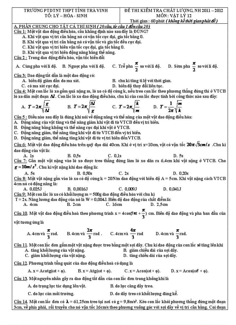 Đề và đáp án thi chất lượng 12