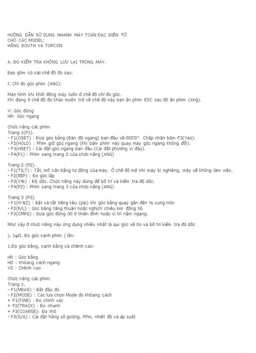Hướng dẫn sử dụng nhanh máy toàn đạc điện tử cho các model Hãng south và topcon