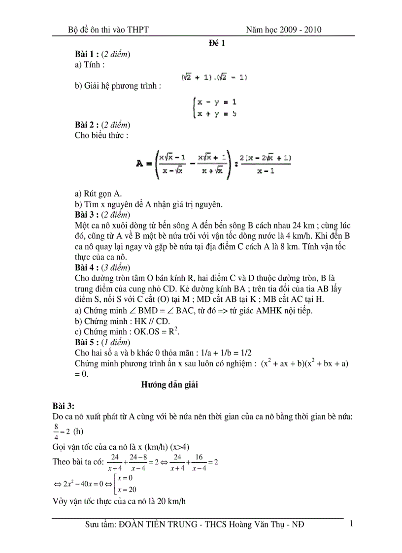 Bộ 20 Đề Toán Học Ôn thi vào lớp 10 2009