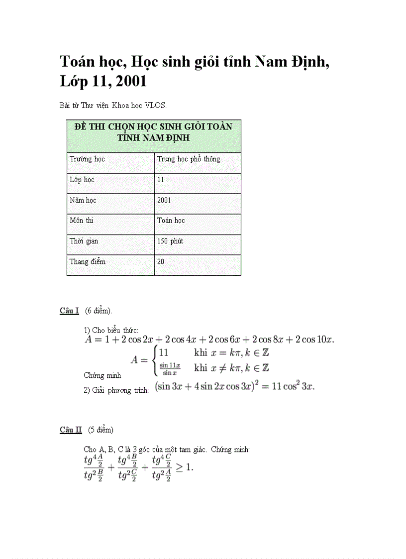 Đề thi học sinh giỏi toán THPT lớp 11 Năm 2001