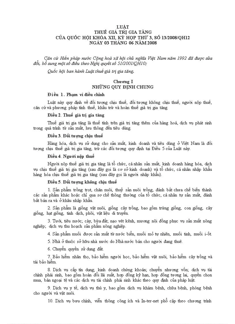 Luật Thuế GTGT 2008 và thông tư nghị định hướng dẫn 1