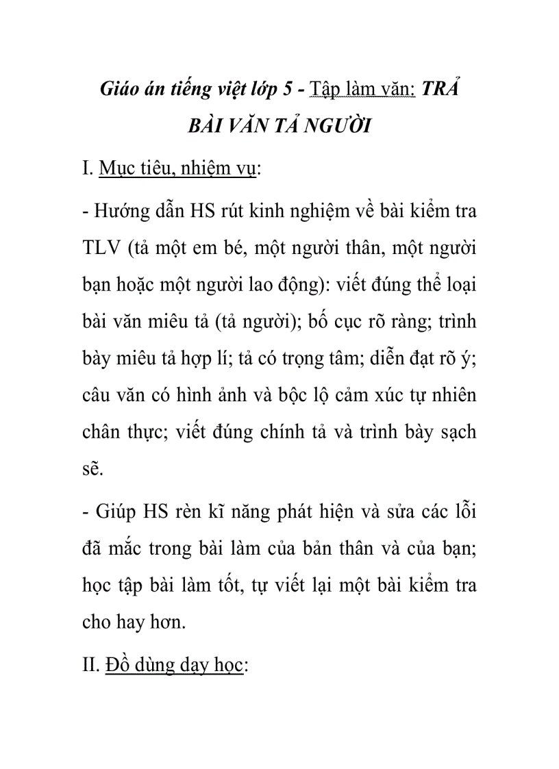 Giáo án tiếng việt lớp 5 Tập làm văn TRẢ BÀI VĂN TẢ NGƯỜI