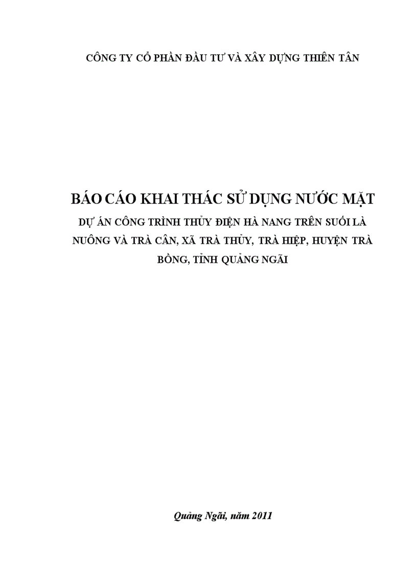 Khai thác sử dụng nước mặt dự án công trình thủy điện hà nang trên suối là nuông và trà cân xã trà thủy trà hiệp huyện trà bồng tỉnh quảng ngãi