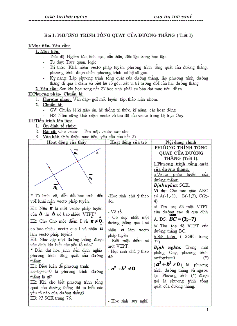 Giáo án Hình học 10 chương III nâng cao