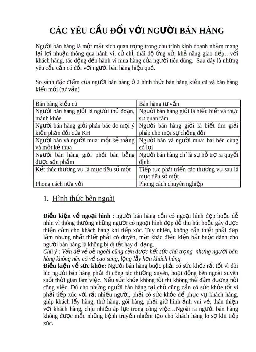 Những yêu cầu đối với người bán hàng