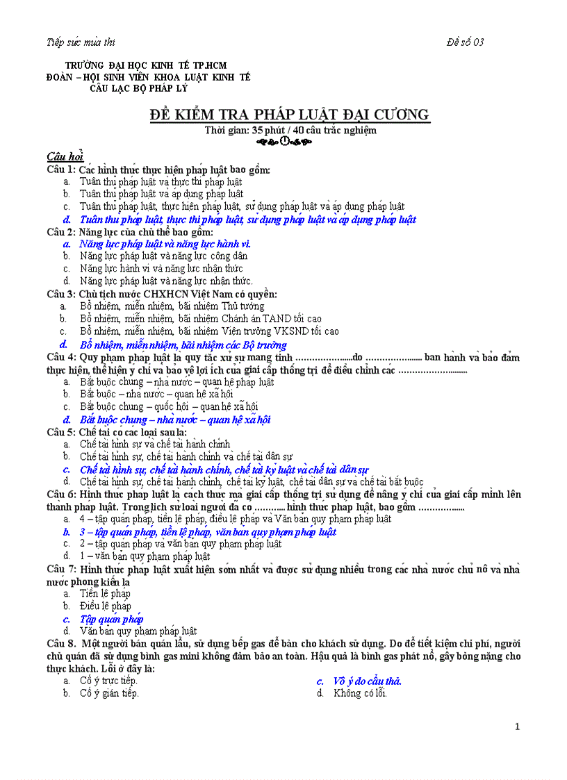 Đề thi trắc nghiệm Pháp luật đại cương của ĐH Kinh tế đề số 3