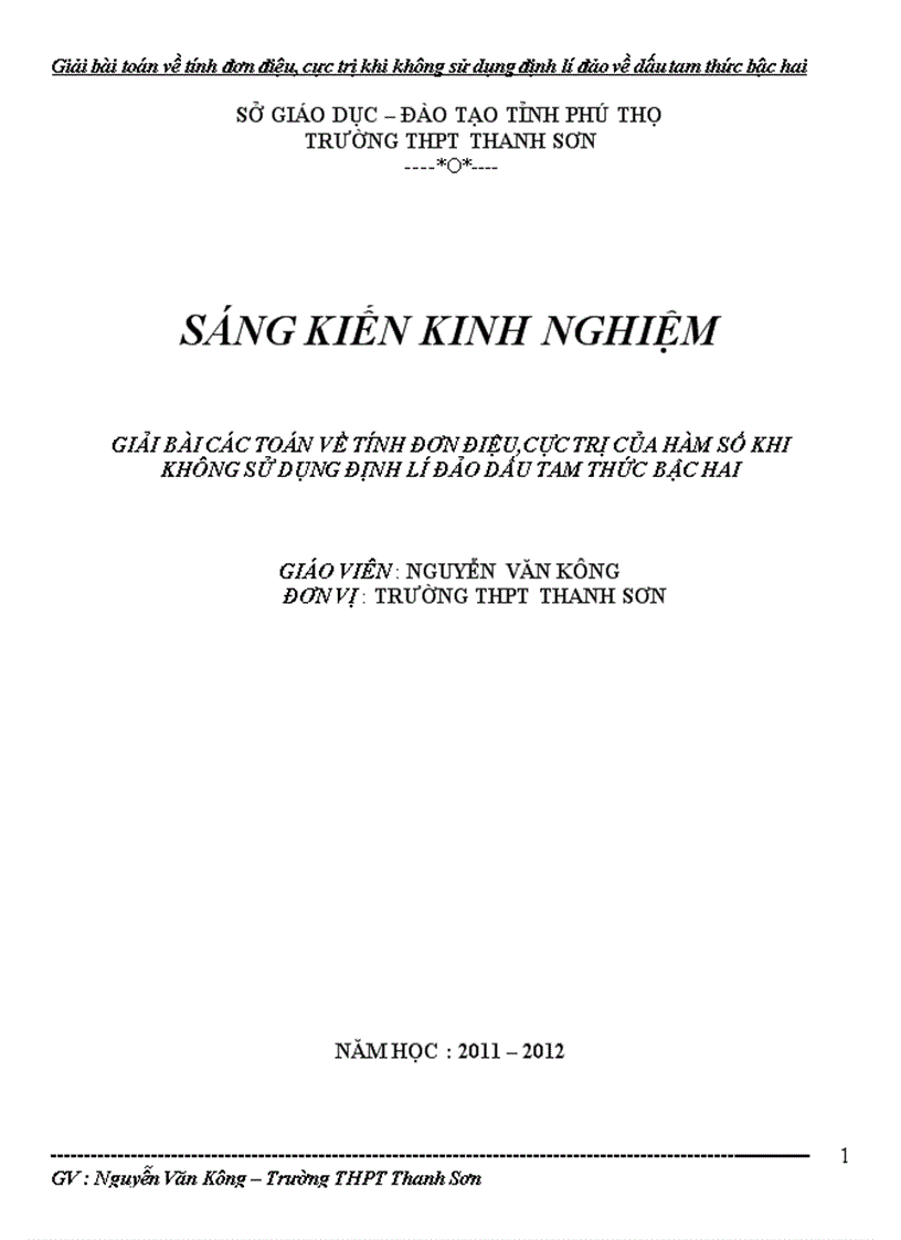 Sáng kiến kinh nghiệm giải bài các toán về tính đơn điệu cực trị của hàm số khi không sử dụng định lí đảo dấu tam thức bậc hai