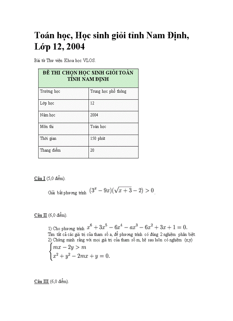 Đề thi học sinh giỏi toán THPT lớp 12 Năm 2004