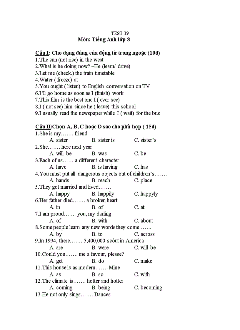Đề thi thử HSG môn Tiếng Anh lớp 8 Đề số 19