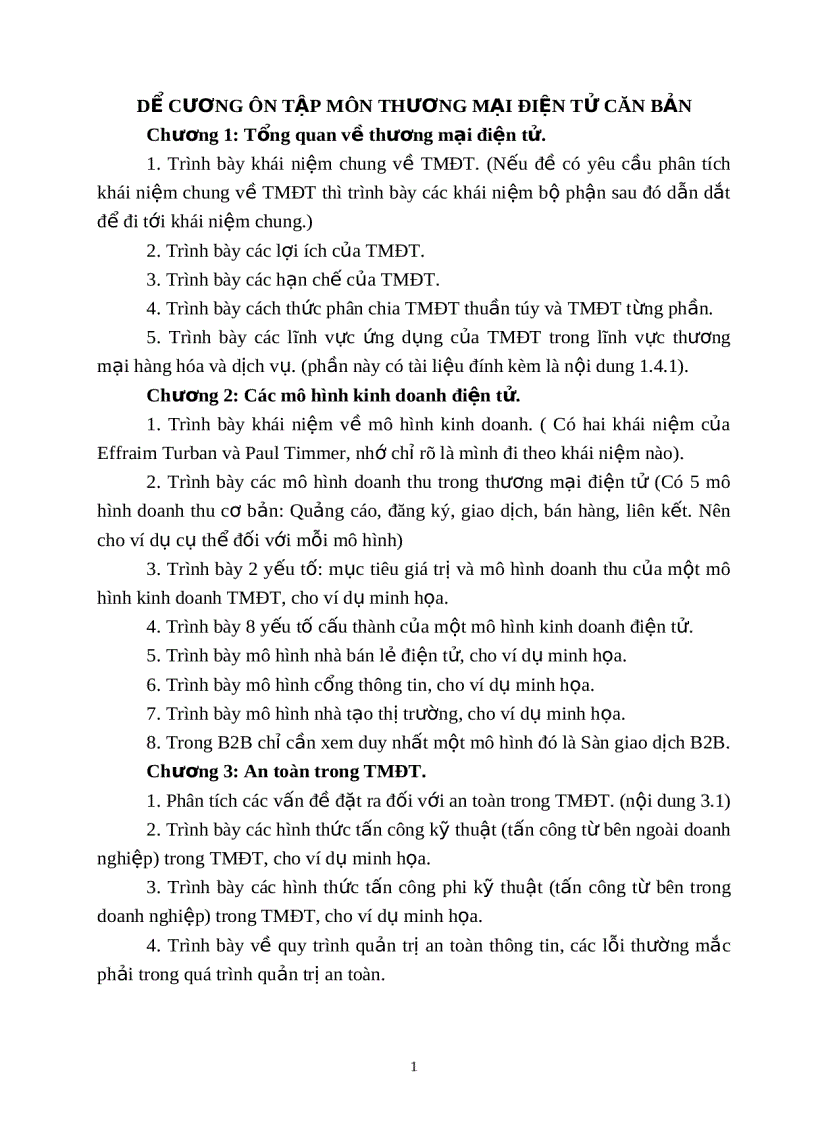 Đề cương ôn tập môn thương mại điện tử căn bản