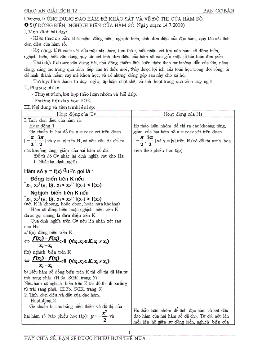 Giáp án giải tích 12 chuẩn nhất
