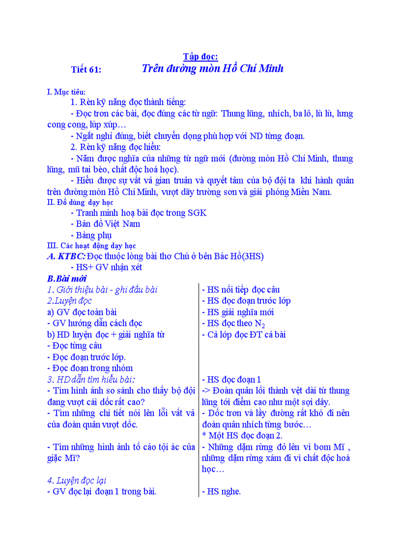 Tập đọc Trên đường mòn Hồ Chí Minh
