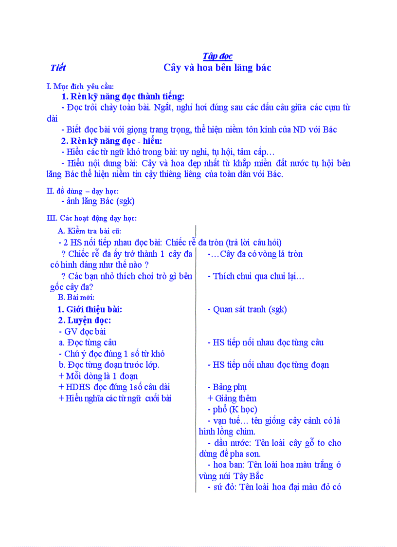 Tập đọc Cây và hoa bên lăng bác