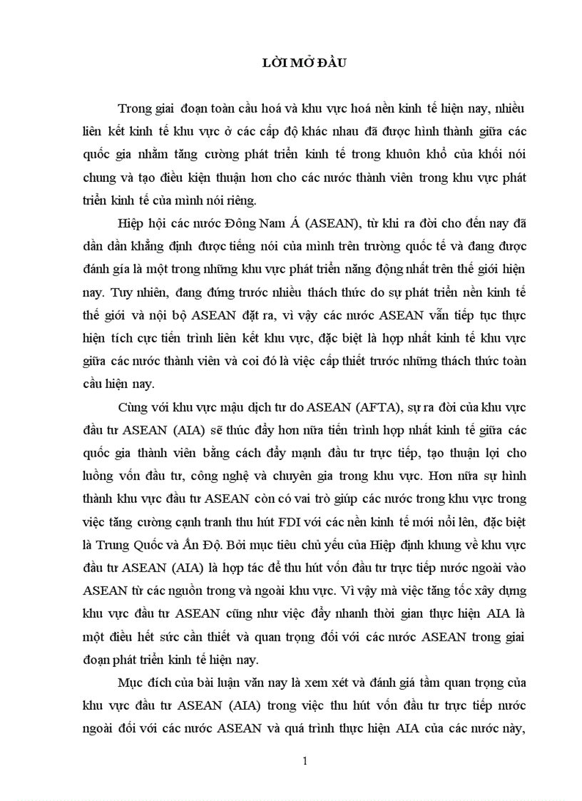 Đánh giá tầm quan trọng của khu vực đầu tư ASEAN AIA trong việc thu hút vốn đầu tư trực tiếp nước ngoài đối với các nước ASEAN và quá trình thực hiện AIA của các nước này