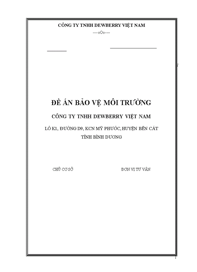 Bảo vệ môi trường công ty tnhh dewberry việt nam lô k1 đường d9 kcn mỹ phước huyện bến cát tỉnh bình dương