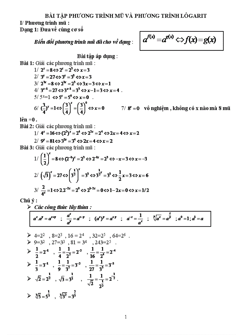 Bài tập phương trình mũ và phương trình lôgarit