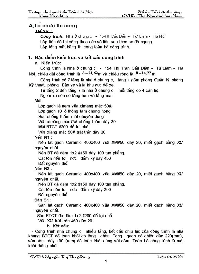 Đồ án Tổ chức thi công Nhà ở chung cư 154 tt Cầu Diễn Từ Liêm Hà Nội
