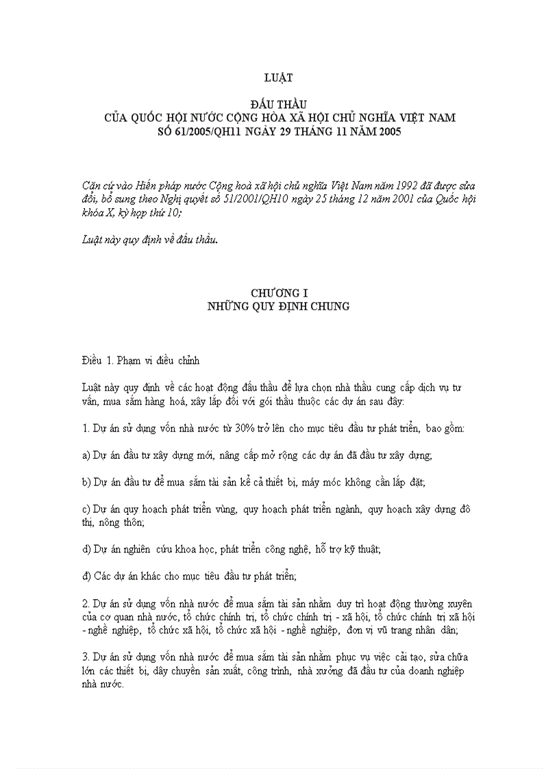 Luật đấu thầu của quốc hội nước cộng hòa xã hội chủ nghĩa việt nam số 61 2005 qh11 ngày 29 tháng 11 năm 2005