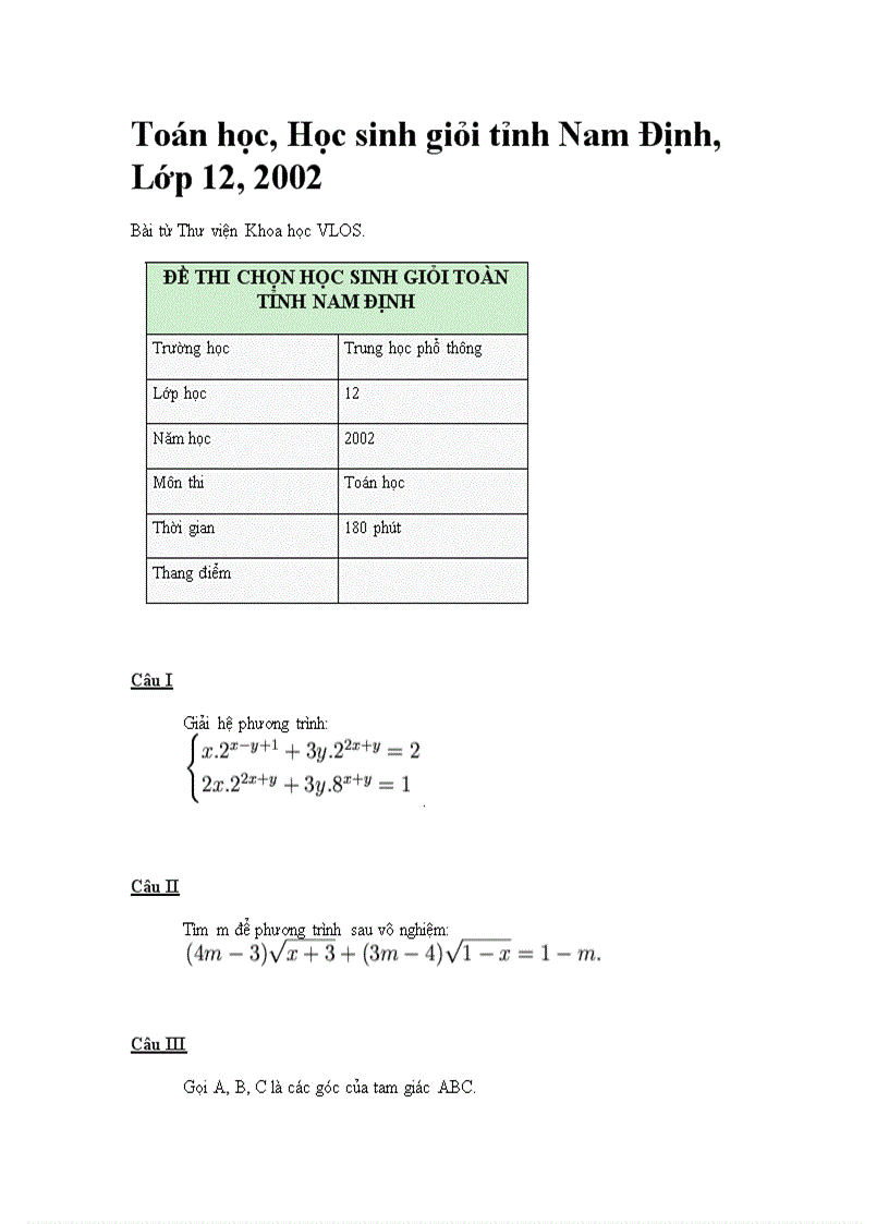 Đề thi học sinh giỏi toán THPT lớp 12 Năm 2002