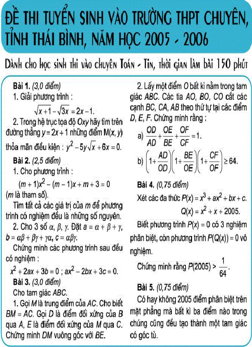 Đề thi tuyển sinh vào trường THPT chuyên Thái Bình 05 06