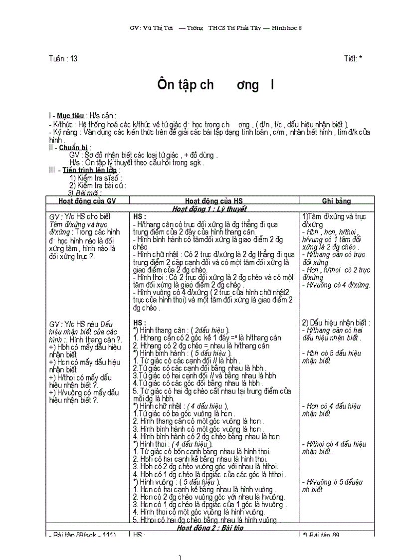 Giáo án toán lớp 8 tuần 13