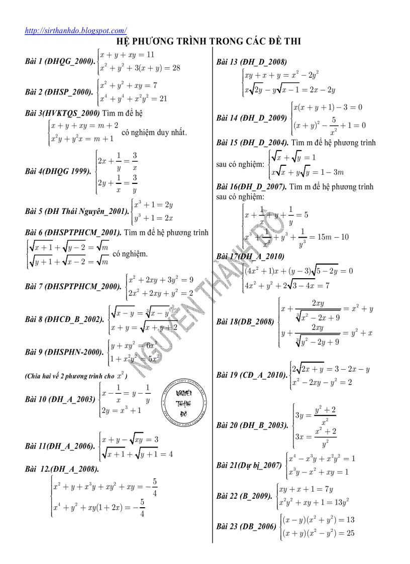 Giải các bài toán hệ phương trình trong các đề thi