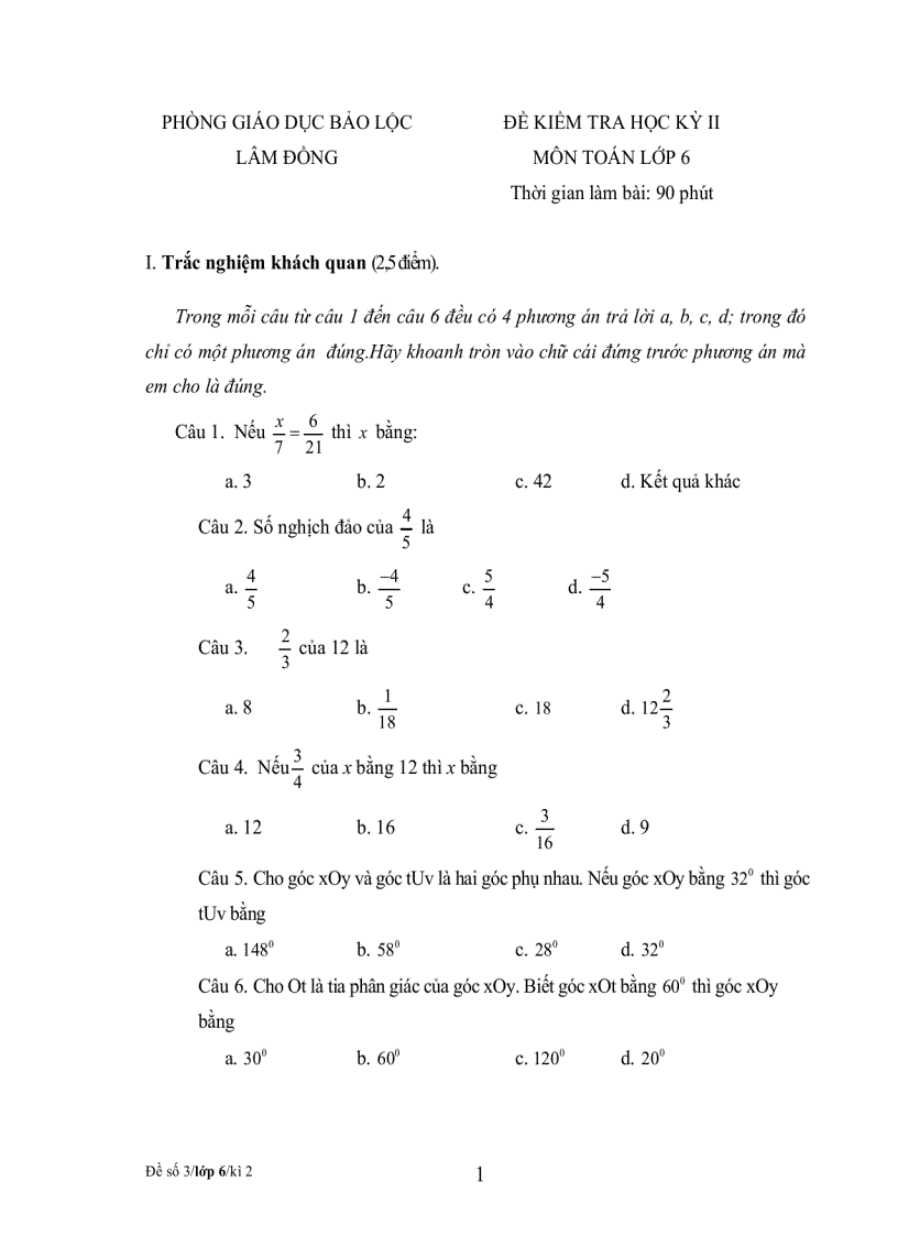 Bộ đề kiểm tra học kỳ toán lớp 6 đề 4