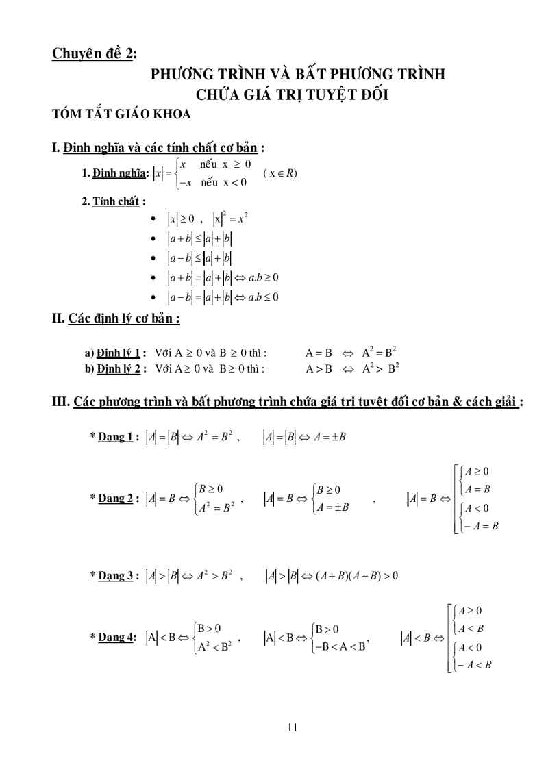 Chuyên đề 2 PHƯƠNG TRÌNH VÀ BẤT PHƯƠNG TRÌNH