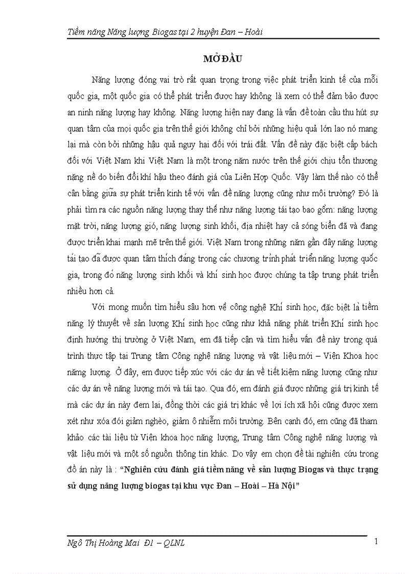 Nghiên cứu đánh giá tiềm năng về sản lượng Biogas và thực trạng sử dụng năng lượng biogas tại khu vực Đan Hoài Hà Nội