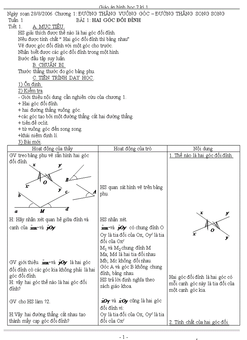 Giáo án Hình học 7 học kỳ I