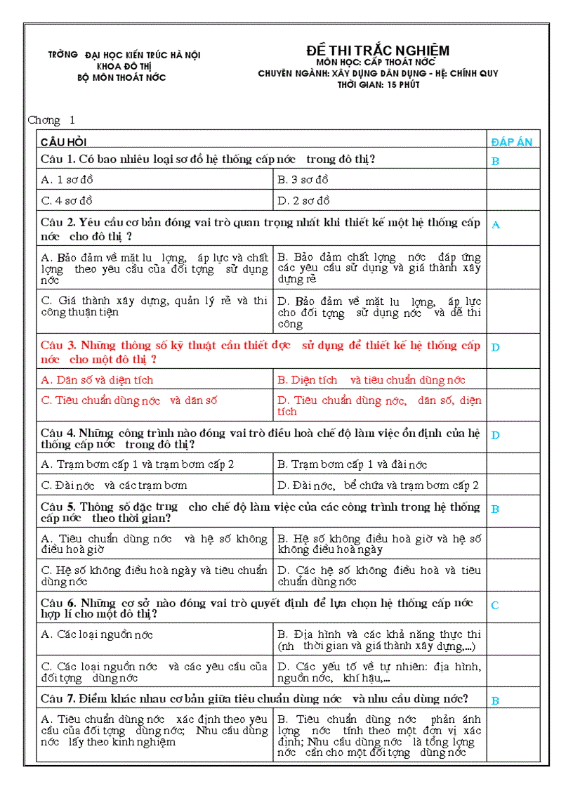 Đề thi MÔN HỌC CẤP THOÁT NƯỚC