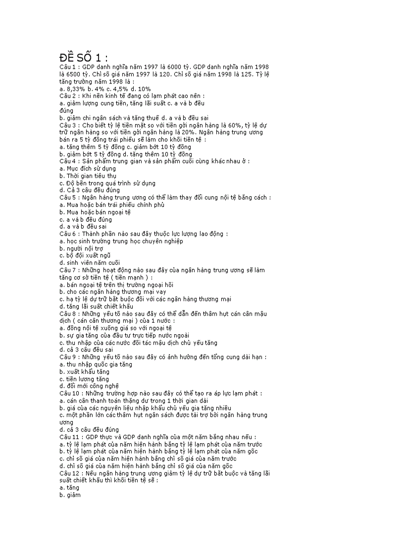 Đề thi trắc nghiệm Kinh tế vĩ mô khóa trước 1