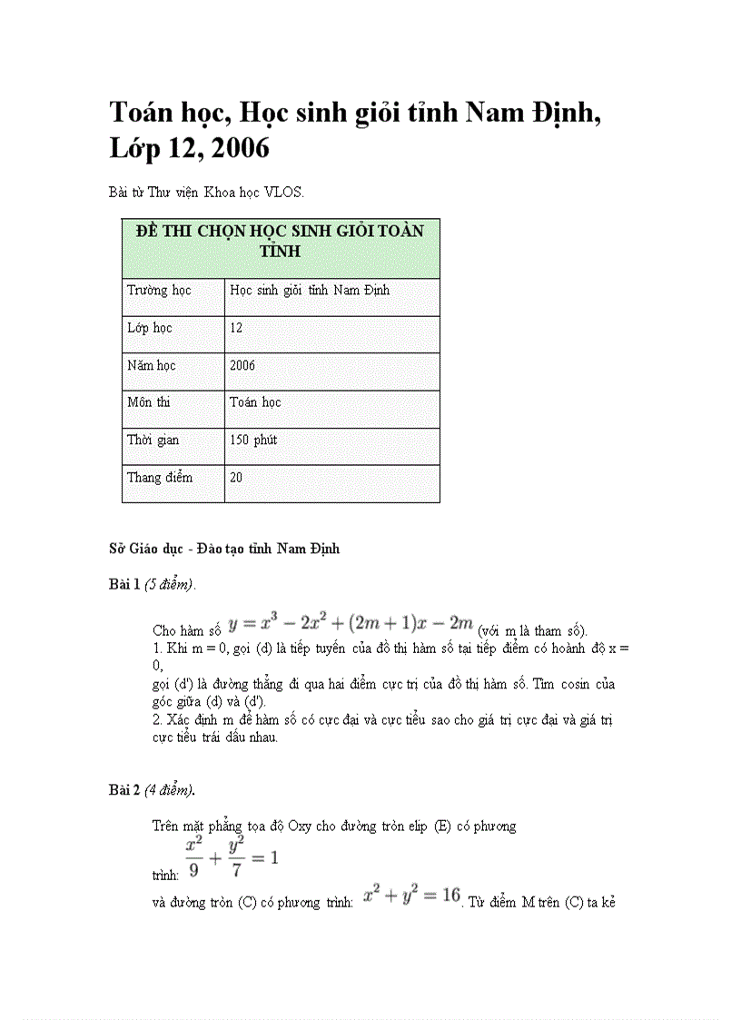 Đề thi học sinh giỏi toán THPT lớp 12 Năm 2006