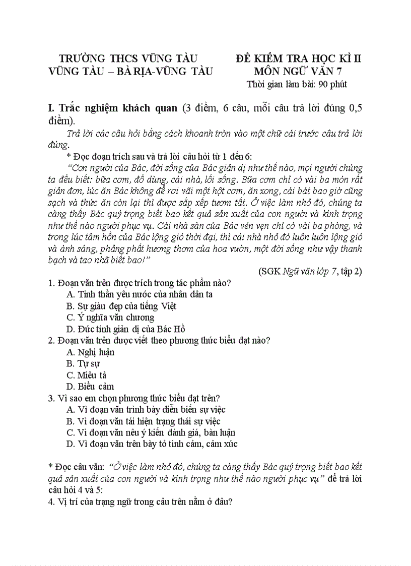 Đề kiểm tra Ngữ văn 7 HKII thcs vũng tàu
