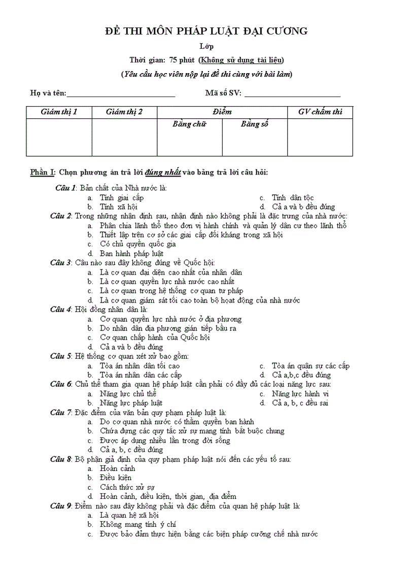 Đề thi mẫu môn PHÁP LUẬT ĐẠI CƯƠNG