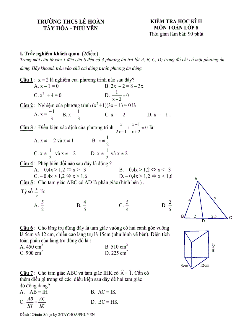 Bộ đề tham khảo kiểm tra học kỳ toán lớp 8 đề 2