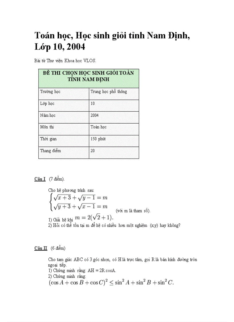 Đề thi học sinh giỏi toán THPT lớp 10 Năm 2004