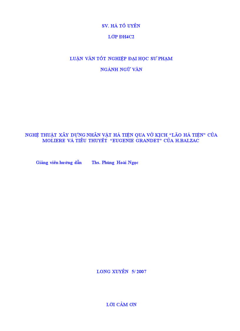 Nghệ thuật xây dựng nhân vật hà tiện qua vở kịch lão hà tiện của Moliere và tiểu thuyết Eugenie Grandet của H Balzac